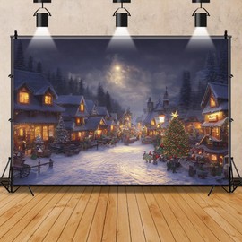YongFoto 7x5ft Christmas Backdrop Scene Fairy Winter Landscape Moon Village Snowfield Xmas Tree Colorful Photo Background for Xmas Eve Party Festival Home Poster Family Photography Supplies