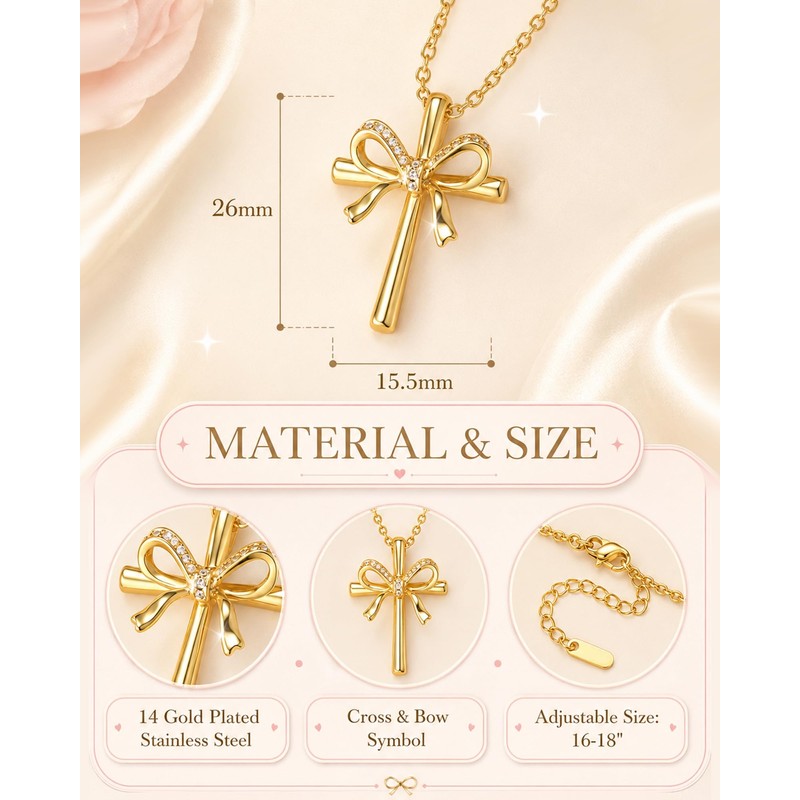 Shonyin Christian Cross Bow Necklace for Girls, Confirmation Gift for