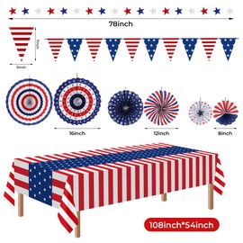 HOOSUN 4th of July Decorations Set, 9 Pcs Red White and Blue Paper Fans Patriotic Decor, USA Pennant Bunting,Star Streamers,Patriotic Tablecloth for Fourth of July Party Supplies, Memorial Day Decor