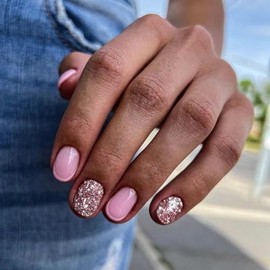 24Pcs Sparkly Extra Short Press on Nails Square Fake Nails with Design Pink Nail Tips Glitter Acrylic False Nails Press ons Glossy Glue on Nails Short Artificial Nails for Women Nail Decoration 24Pcs