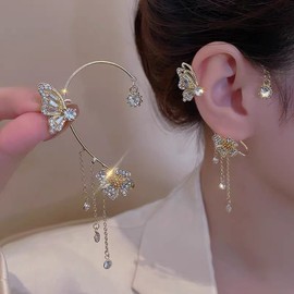 Butterfly Tassel Earrings for Women Butterfly Flower Purple Dangle Drop Earrings Zircon Ear Cuff Clip On Earrings for Women