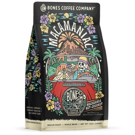 Bones Coffee Company Macamaniac Whole Coffee Beans Macadamia and Coconut Flavor, Low Acid Flavored Coffee, Made with Arabica Coffee Beans, Medium Roast Gourmet Coffee, Coffee Lover Gift Ideas (12 oz)
