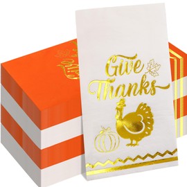 WorldBazaar Thanksgiving Napkins Gold Foil 100 Pcs Turkey Napkins Disposable Give Thanks Napkin for Dinner Thanksgiving Party Supply