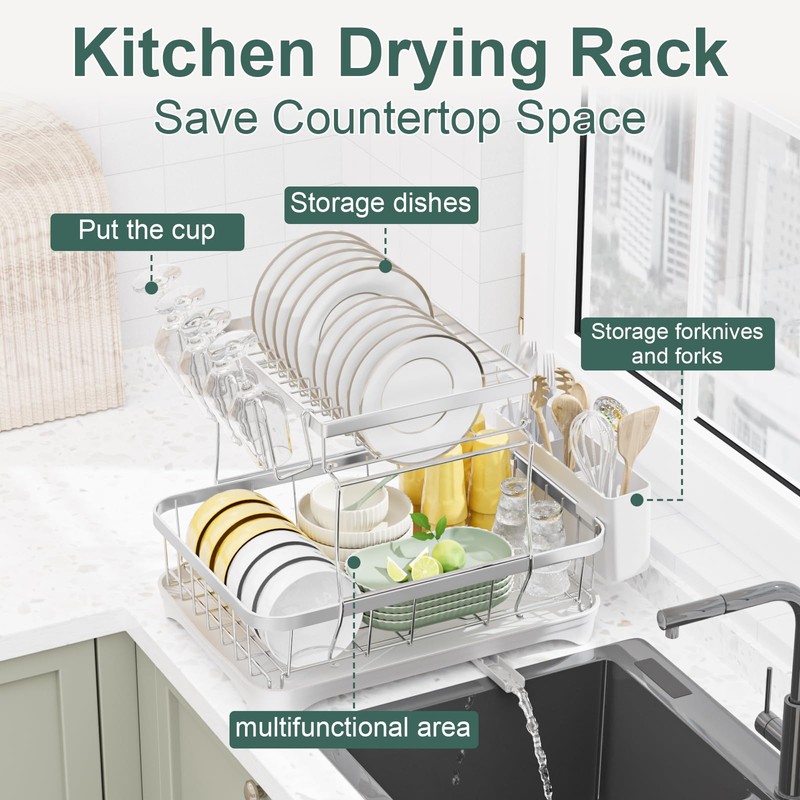 LIYI Dish Drying Rack,Large Dish Rack for Kitchen Counter,2-Tier Dish