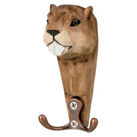 Wall Hooks, Animal Heads with 2 Hooks Each, Wooden Coat Hooks, Set of 3: Billy Goat, Marmot, Raccoon, 11 x 6 cm