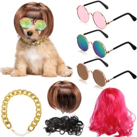 3 Pieces Dog Cosplay Wig, Cat Wigs, Dog Cosplay Costumes Accessories Include 3 Pieces Retro Pet Round Sunglasses and 1 Pieces Dog Chain Necklace, Classic Funny Pet Accessories for Holiday Party Decor