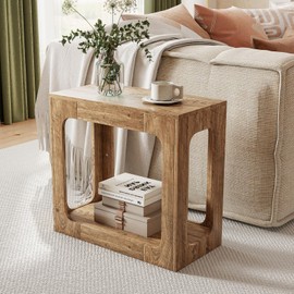 Giantex Narrow End Table, 2-Tier Farmhouse Side Table with Open Storage Shelf, Arched Wood Night Stand for Bedroom, Small Accent Furniture for Living Room Small Spaces, Oak