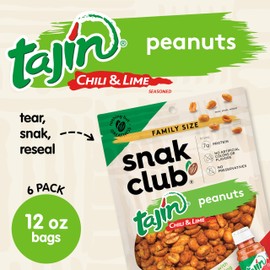 Snak Club Tajin Peanuts, Roasted Nuts with Chili and Lime Seasoning, Mild, Gluten-Free, Kosher Snacks, No Artificial Colors or Flavors, Low Cholesterol, 12 oz Resealable Bags, 6 Pack
