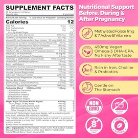 Prenatal Vitamins for Women Multivitamin Gummies w/ Methylfolate 1mg, Choline Omega-3(DHA+EPA) Iron, Postnatal Vitamins for Women Breastfeeding | Before,During & After Pregnancy,Sugar Free,Vegan,60Cts
