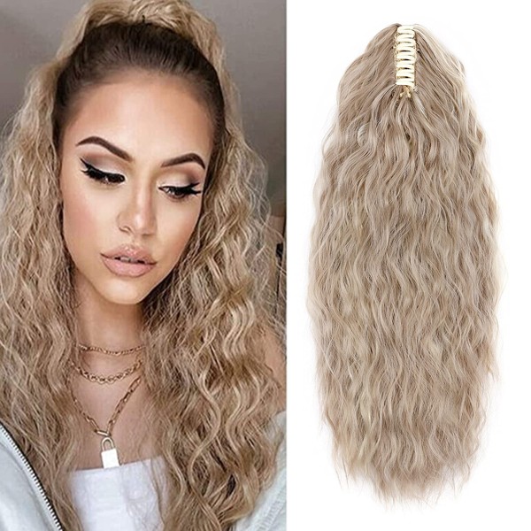 61 cm Claw On Ponytail Extensions, Soft Curly Ponytail Hair Extensions, Corn Wave Tails Hairpieces, Synthetic for Women, Sandy Blonde & Bleach Blonde