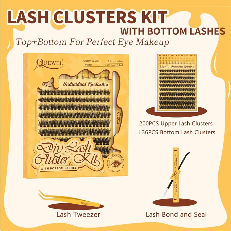 QUEWEL Eyelash Extensions with Fine 10-18 mm Lower Cluster Lashes,