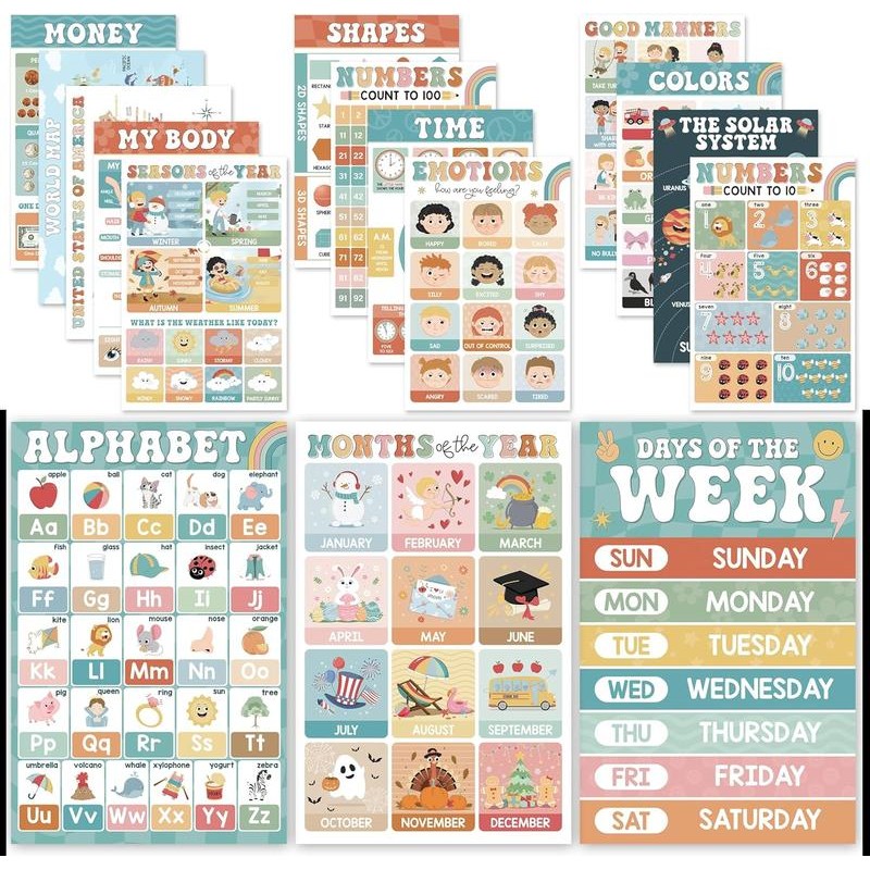 18 Laminated Educational Posters | Fun Learning Charts for Preschool,