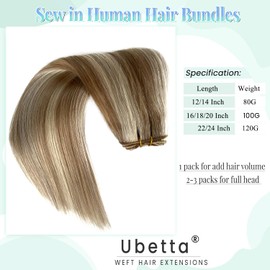 Sew in Hair Extensions Real Human Hair 16 Inch Weft Extensions Real Remy Hair Golden Blonde Balayage Blonde Highlights Double Wefts Full Head Straight Hair Weaves 100G Hair Weft Bundles Straight Hair