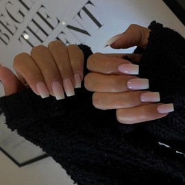 KQueenest Ombre Pink Press on Nails Short Medium Square, French Tip False Nails Short Coffin, Natural Solid Color Fake Nails Set, Reusable Gel Stick on Nail for Women Finger Daily Wear 24 Pcs