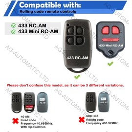 AG MATIC Garage Remote Control for SEIP RC-AM | 433 RC-AM | 433 RC-AM MINI | A45 | A60 | C75 | C100 | M50 | Rolling Code 433.92MHz. (Pack of 1)