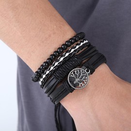 HAORQEE Mens Leather Bracelet, Tree of Life Beads Men’s Wristbands Bracelets, Multi-layer Vintage Braided Rope Adjustable Viking Wrist Bracelets Set Gifts for Men(Black)