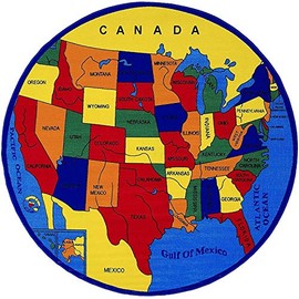 Champion Rugs CR Kids/Baby Room/Daycare/Classroom/Playroom Area Rug United States Map Geography North America Oceans USA Fifty States for Bedroom Living Room School Classroom (8 Feet X 8 Feet Round)