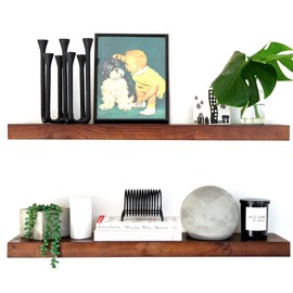 Homeforia Walnut Floating Shelves 30 Inches Long, Premium Solid Wood, Long White Floating Shelves for Living Room, Heavy Duty Bracket, 30 x 6.5 x 1.75 inch, Set of 2