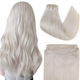 Easyouth Pure Weft Hair Extensions Human Hair, White Blonde Sew in Weft Extensions Human Hair Sew in Hair Extensions Ice Blonde #1000 14Inch 70g