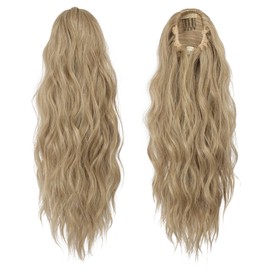 FESHFEN Ponytail Extensions, Drawstring Ponytails Hair Extension Blonde & Ash Blonde Mixed Long Curly Wavy Hair Piece Synthetic Pony Tail Hairpieces for Women, 18 inch