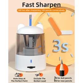 ZMOL Electric Pencil Sharpener,Charge Portable Pencil Sharpeners Kids,Pencil Sharpener for Colored Pencils, Auto Stop, Suitable for No.2/Colored Pencils(6-8mm), School/Classroom/Office/Home