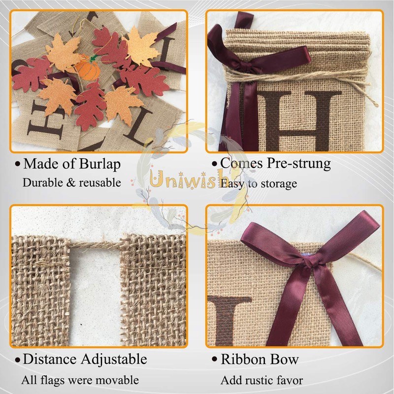 Uniwish Happy Fall Banner with Pumpkin Maple Leaves Sign Garland