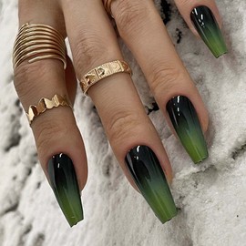 Redykat 24PCS Glossy Green Ombre Coffin Press On Nails, Salon Quality Nail art, Extra Long Acrylic Fake Nails, Witchy Nails (Green&Black Ombre)