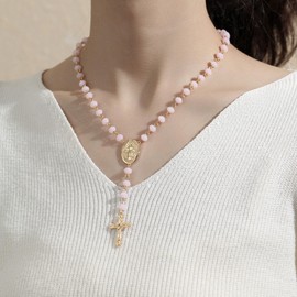 Rosary Necklace Cross Necklace for Women Baptism Faith Gifts Charm Necklace Colorful Cross Pendant Necklace