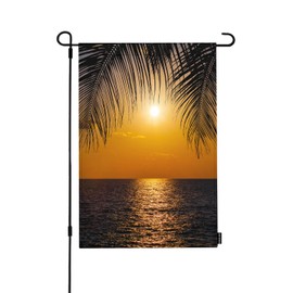 HGOD DESIGNS Beach Sea Garden Flag Double Sided Sunset Tropical Ocean Palm Tree Summer Orange Sky Landscape Lawn Banners for Indoor Outdoor Courtyard Decoration 12x 18 Inch
