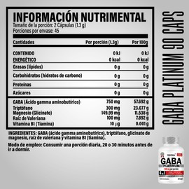 Gaba Platinum 4 EN 1 con 750mg Gaba, 300mg Triptófano, 149mg Magnesio, 100mg Valeriana y 10 mcg Vitamina B1. Soporte natural para un óptimo descanso. 90 cápsulas 2 unidades. Testrol.
