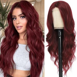 BEAUTIFA Burgundy Wig for Women, Long Red Wavy Wig Middle Part 26 Inch Red Wigs Natural Looking Heat Resistant Synthetic Wigs for Daily Party Use