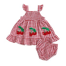 Summer Outfit Clothes Baby Girl Plaid Cherry Sleeveless Tunic T-Shirt Top and Shorts Bloomers Set (Red, 3-6 Months)