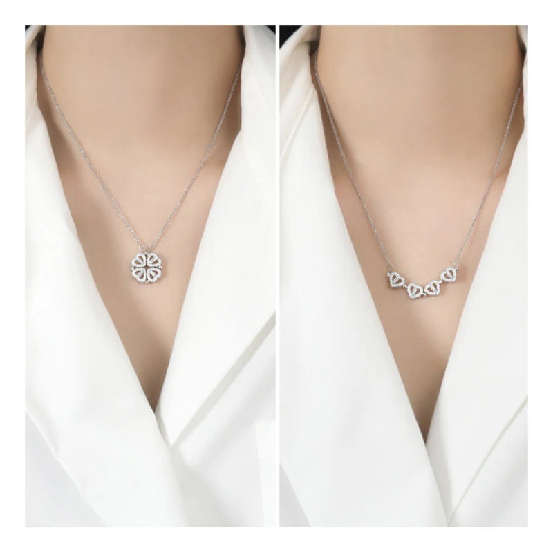 Collar Convertible Plata 925 Corazón Y Trébol De 4 Hojas