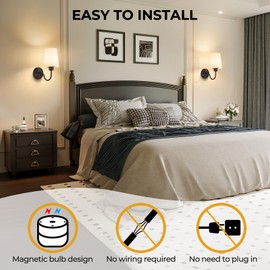 Battery Operated Wall Sconce Set of 2, 10000mAh Rechargeable Wall Sconces Battery Operated Light Dimmable Battery Powered Wall Lights with Black Gooseneck for Bedroom Living Room, Linen Lampshade