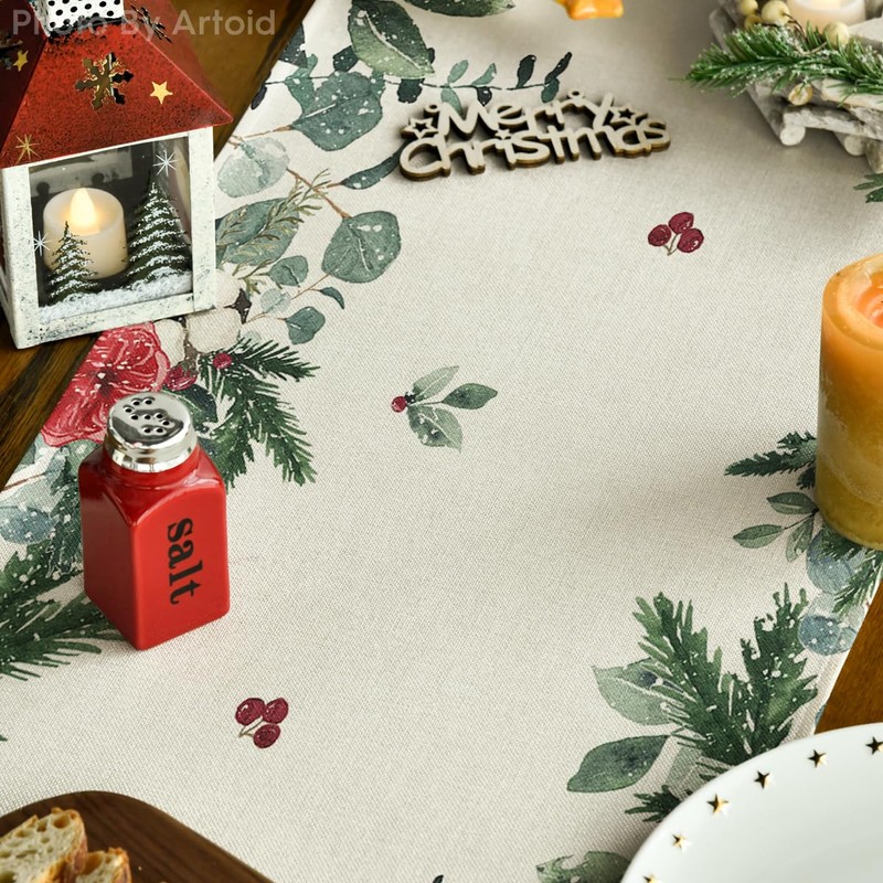 Artoid Mode Holly Flowers Eucalyptus Cat Christmas Table Runner, Winter,