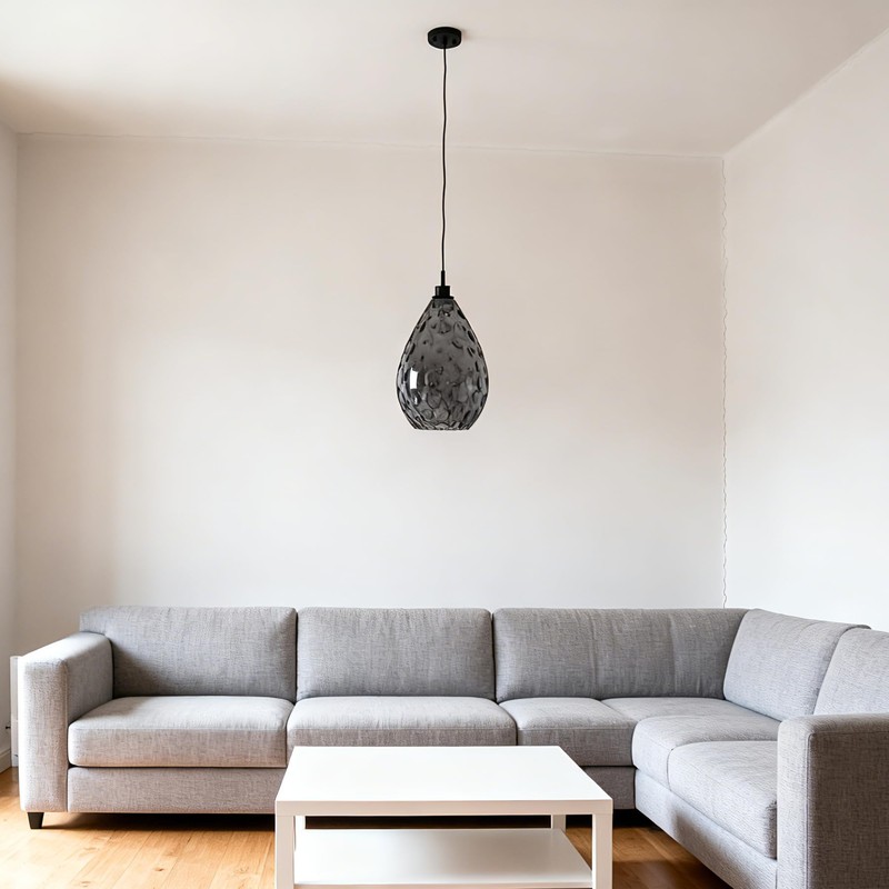 Homebelife Smoked Grey Hammered Glass Pendant Light Modern Matte Black