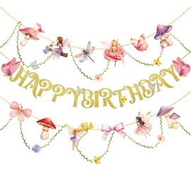 Fairy Birthday Banner Fairy First Birthday Party Decorations for Girls Women Butterfly Mushroom Paper Garland with Leaf Vine String for Baby Shower Wonderland Spring Summer Garden Tea Party Supplies