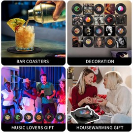 Funny Retro Record Coasters for Drinks with Vinyl Player Holder for Music Lovers,Set of 6 Conversation Piece Sayings Drink Coaster,Housewarming Hostess Wedding Registry Gift Ideas