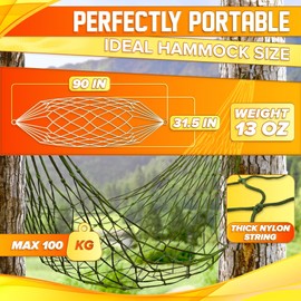 Mesh Hammock - Easy to Set Up Rope Hammocks for Outside, Dark Green Color, 90x31.5 Nylon Net Hammock, Max 100 KG (220 Pounds), Tree Hammocks for Outside, Camping & Patio Relaxation