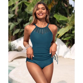 Womens Swim Dress One Piece - Swimsuit with Skirt Tummy Control Bathing Suit High Neck Mesh Swimwear 2025 Teal L