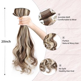 Vlasy Hair Extensions Clip in,7PCS Wavy Clip in Extensions,20 Inches Long Synthetic Clip on Hair Hairpiece Full Head for Women Girls(F12/613#)