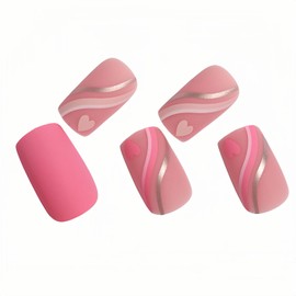 BFY Valentines Day Press on Nails Medium Coffin Fake Nails, Pink Gold Lines Heart Acrylic Nails Set Stick Glue on Nails, Pink Frosted False Nails Nail Accessories Decorations 24 Pcs