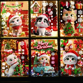 9 Sheets Cats Christmas Window Stickers Colorful Christmas Window Decorations Cats Xmas Window Stickers Reusablel Christmas Decorations for Windows Uniquely Visible Cats Christmas Window Clings