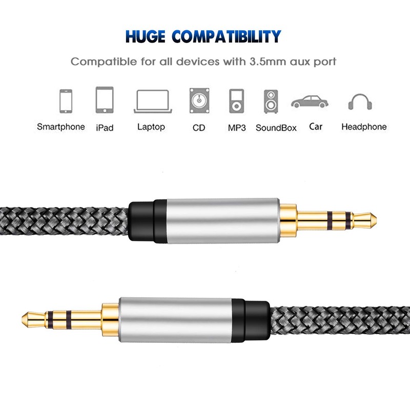 Tan QY Nylon Braided Aux Cable 12Ft,3.5mm Male to Male