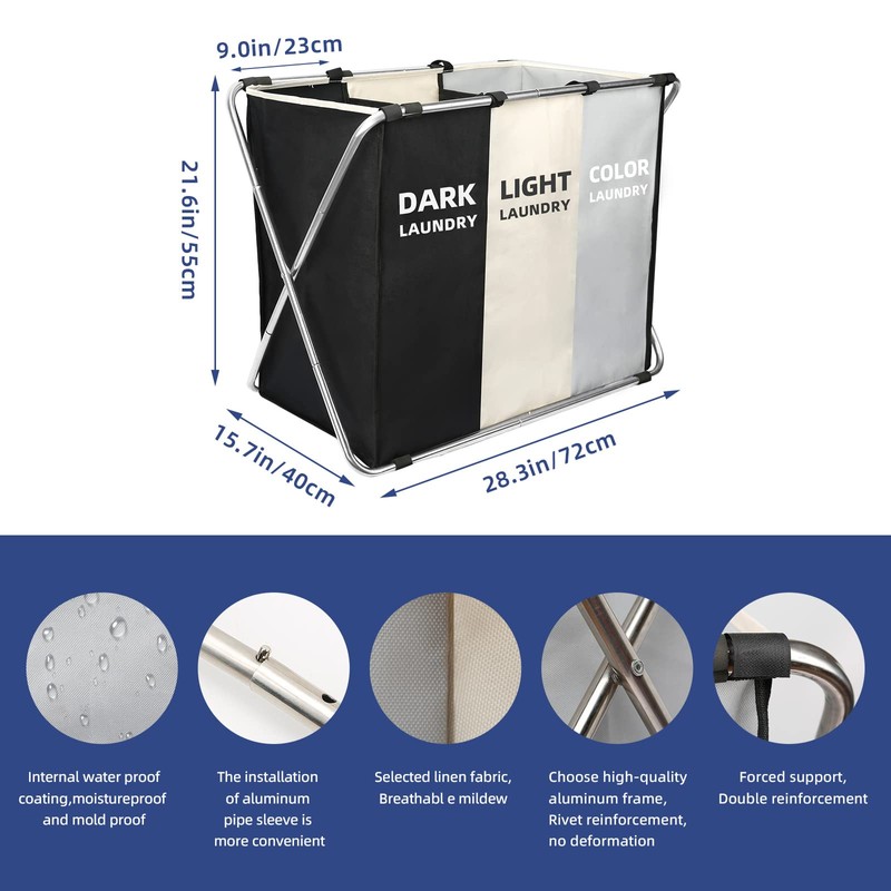 180L Laundry Basket Sorter, Large 3 Section Collapsible Laundry Hamper