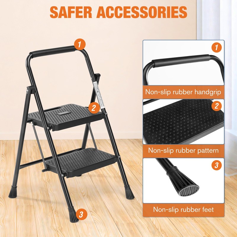 Sweetcrispy 2 Step Ladder, 800lbs Folding Step Stool with Wide