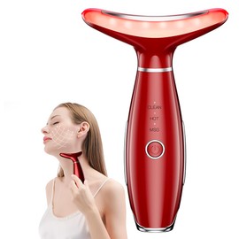 Neck Face Massager, Facial Massager for Double Chin, 3 Modes, Face Sculpting Tool with Vibration and Thermal (Red)