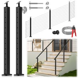 Gyykzz 2 Pack One-Stop Stair Cable Railing Posts Kit 42", 33° Drilled Black Stair Posts, Adjustable Top Stair Railing System Including 2 Railing Posts, 101ft Cable, 12 Sets Terminal, 48 Cable Grommets