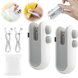 2PCS Mini Bag Sealer with 10PCS Vacuum Sealer Bags, 2025 New USB Rechargeable Bag Sealer Heat Seal,2 in 1 Bag Heat Sealer with Cutter for Chip, Snacks, Plastic Bag Resealer, Keep Food Fresh