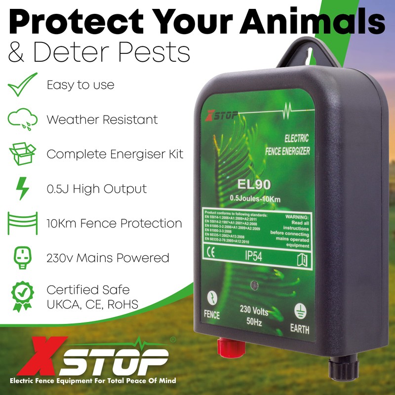 230v Mains Powered Electric Fence Energiser X-Stop EL90 10Km Range,